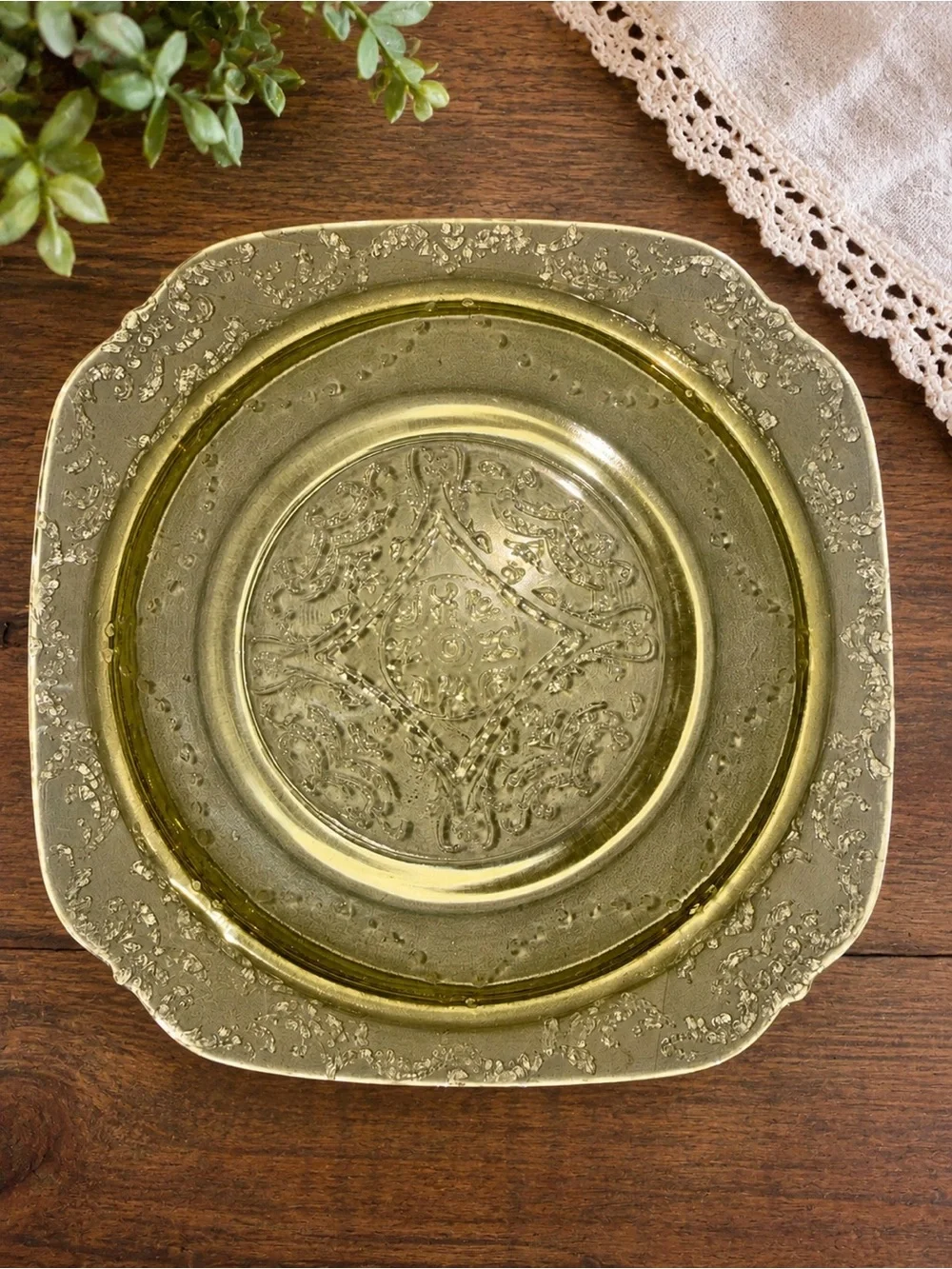 Vintage Amber Glass Dessert Plates Set of 4 Ornate Floral Scroll 6” Square